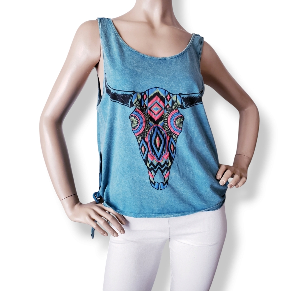 The Clas-Sic Vintage Blue Acid Wash Side Slit Tribal Skull Tank Top Size XL